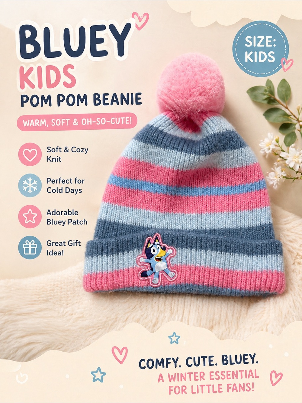 Bluey Kids Pom Pom Beanie Hat – Pink & Blue Striped Winter Cap
